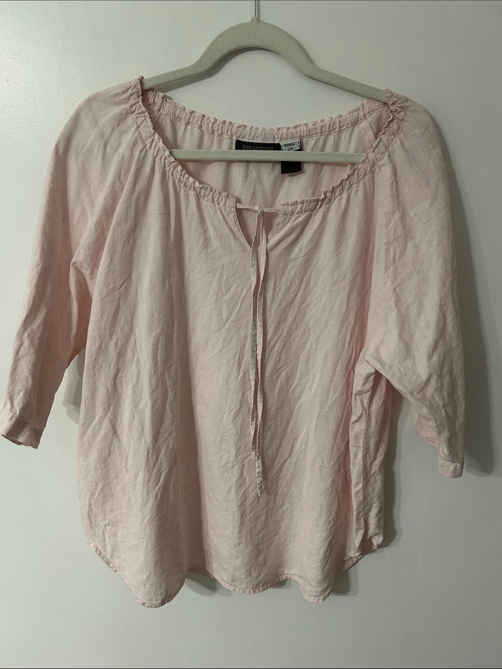 Solutions Blouse Soft Pink XL Linen Peasant Open Romantic Neckline 3/4 Sleeves